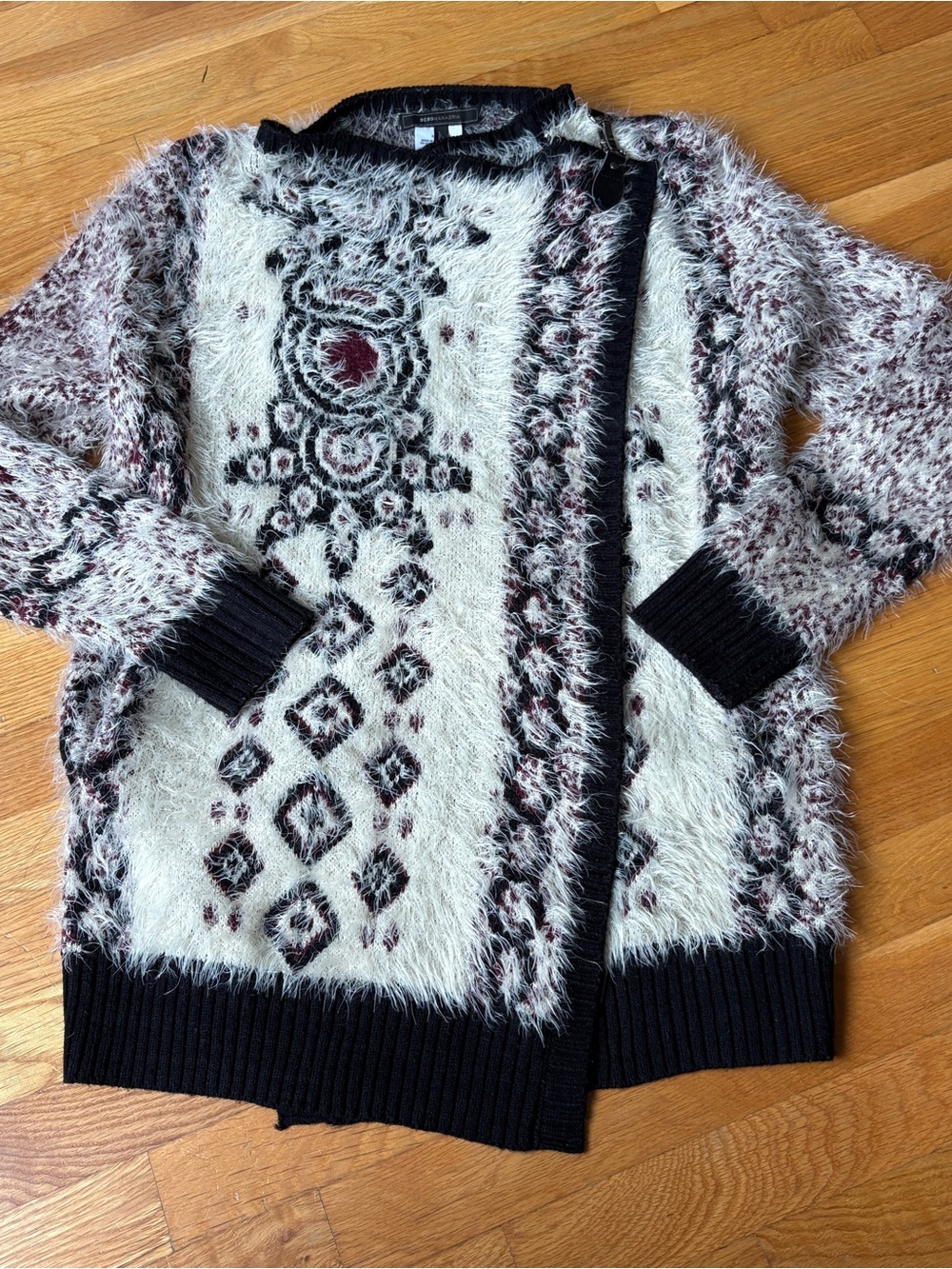 BCBGMAXAZRIA Fuzzy Eyelash Knit Aztec Asymmetric Wrap Cardigan Sweater Size M